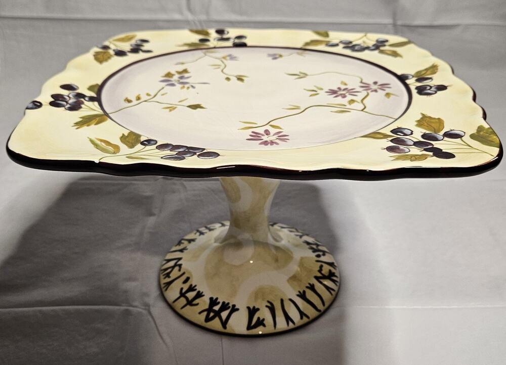 Tracy Porter Evelyn Square Pedestal Cake Stand 11" Hand Painted Floral Berry